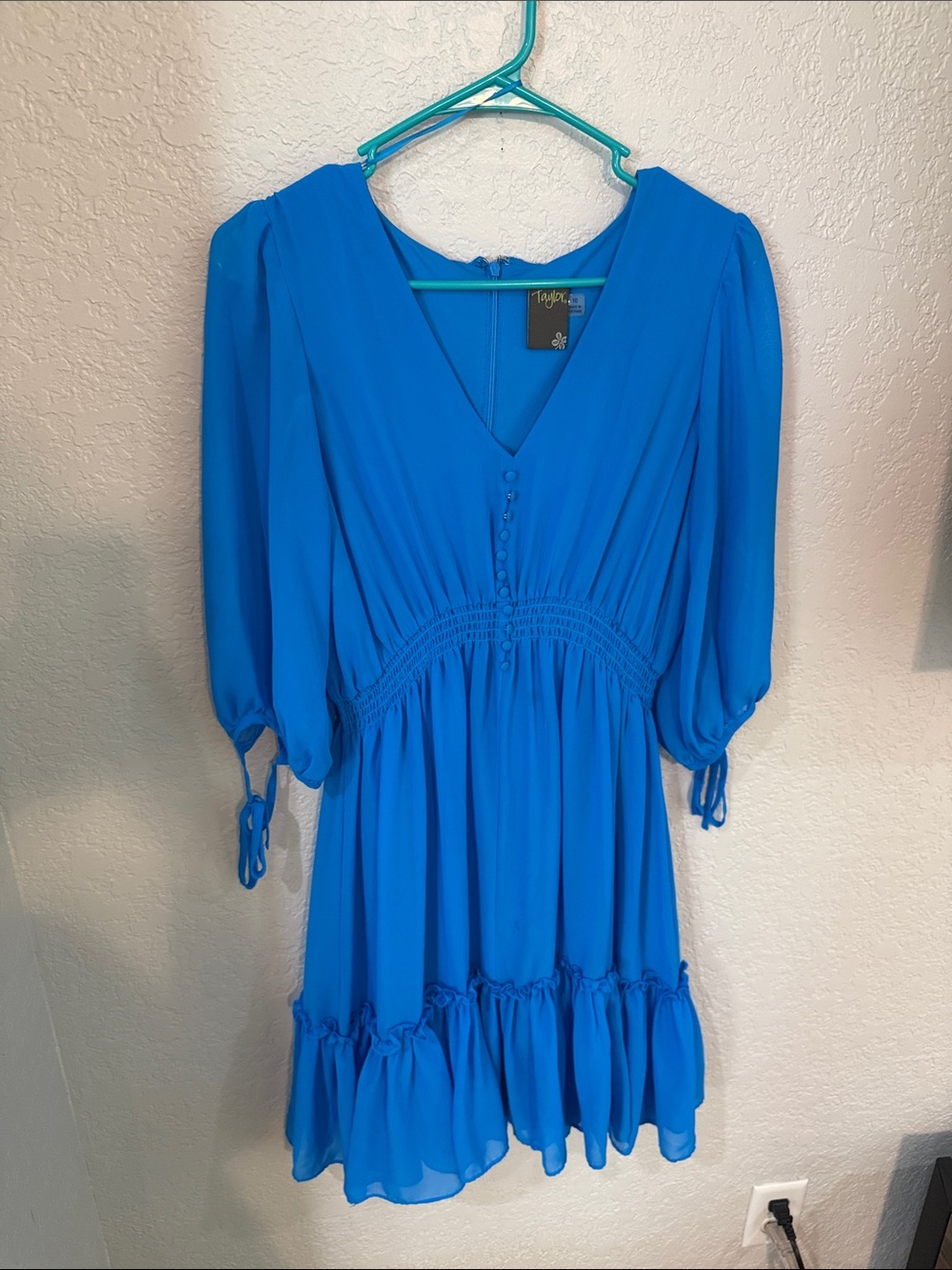 Taylor & Sage Bright Blue V-Neck Ruffle Tunic Dress